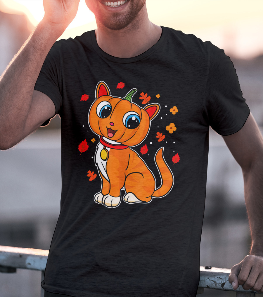 Halloween Pumpkin Cat With Autumn Leaves And Flowers T-Shirt
