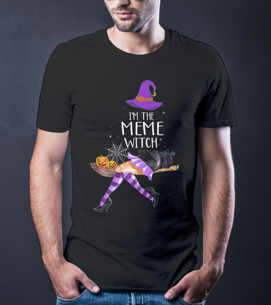I'm The Meme Witch Halloween Cat Pumpkin Broomstick Hat T-Shirt