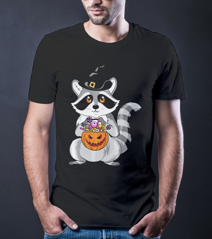 Halloween Raccoon Witch Hat Pumpkin Candy T-Shirt