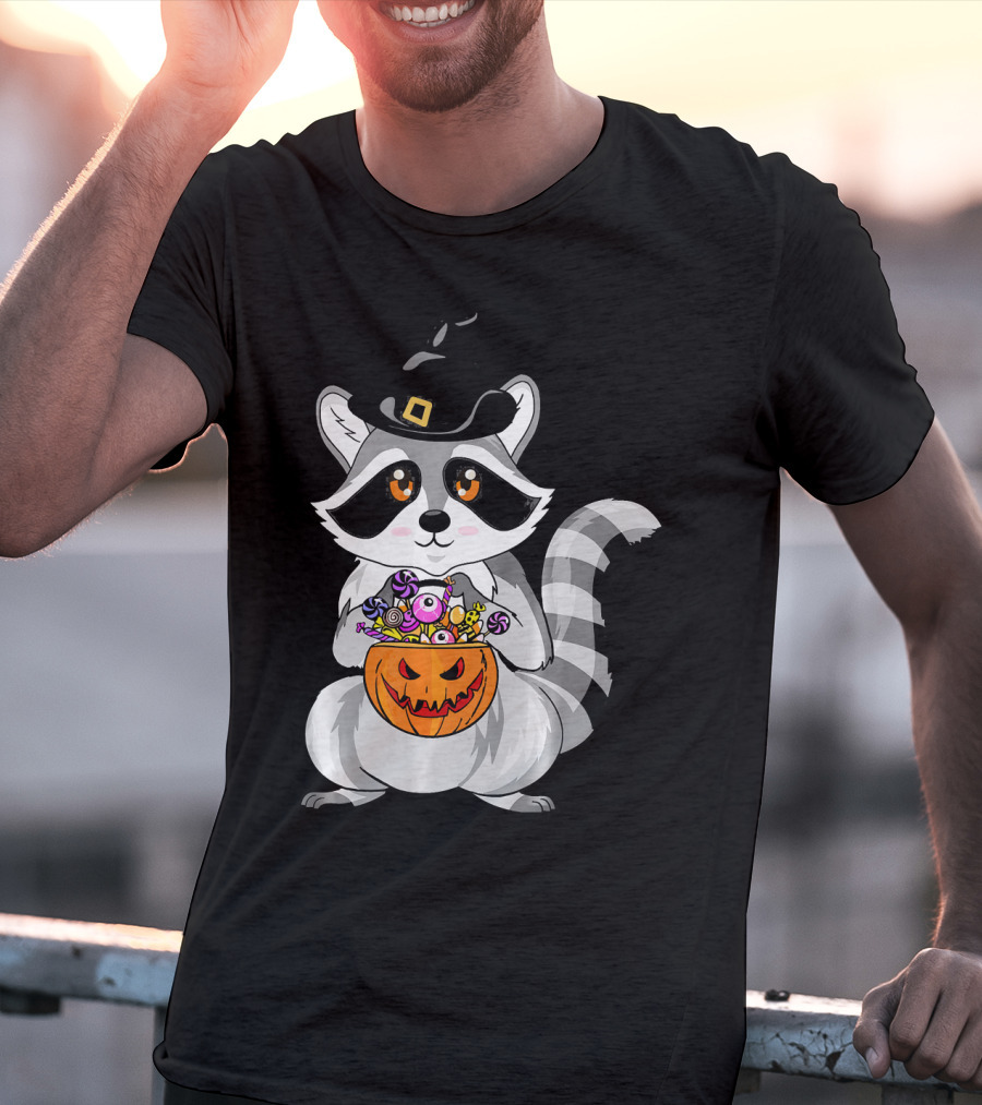 Halloween Raccoon Witch Hat Pumpkin Candy T-Shirt