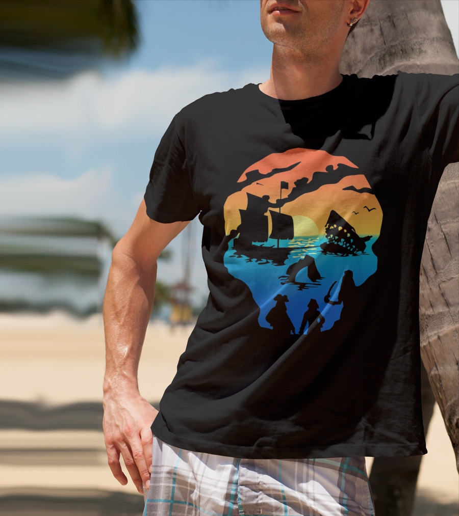 Mens Skeleton Skull Pirate Ship Sunset T-Shirt