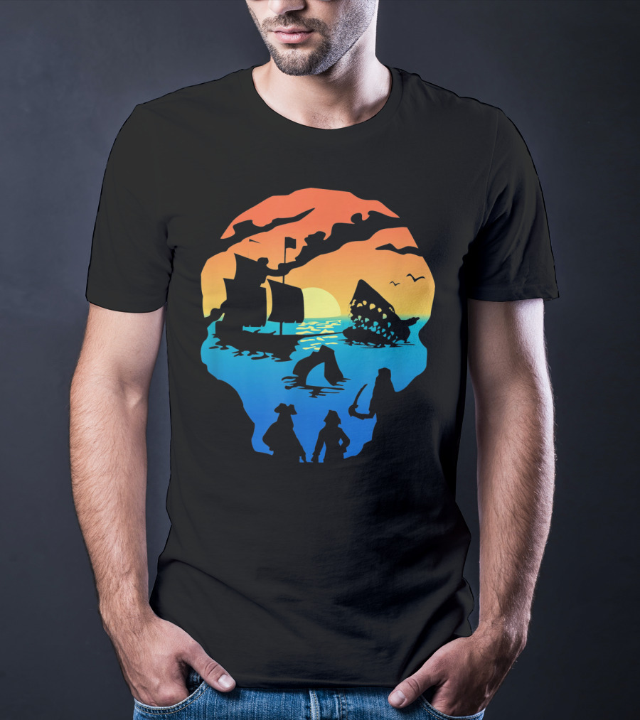 Mens Skeleton Skull Pirate Ship Sunset T-Shirt