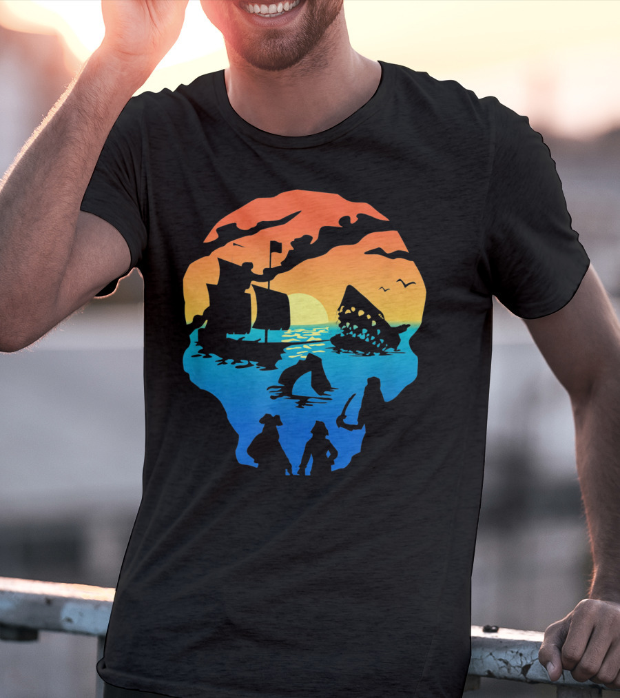 Mens Skeleton Skull Pirate Ship Sunset T-Shirt