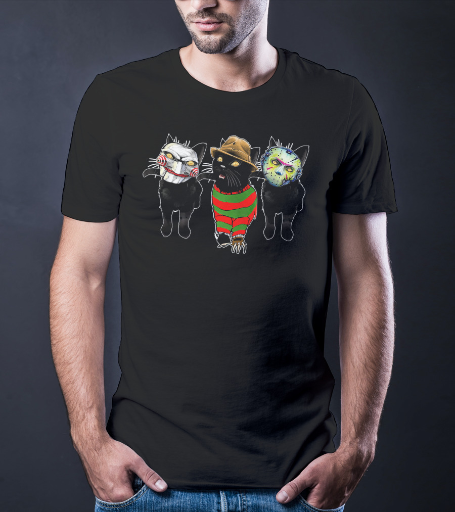 Funny Horror Movie Cats With Iconic Characters Masked Faces T-Shirt