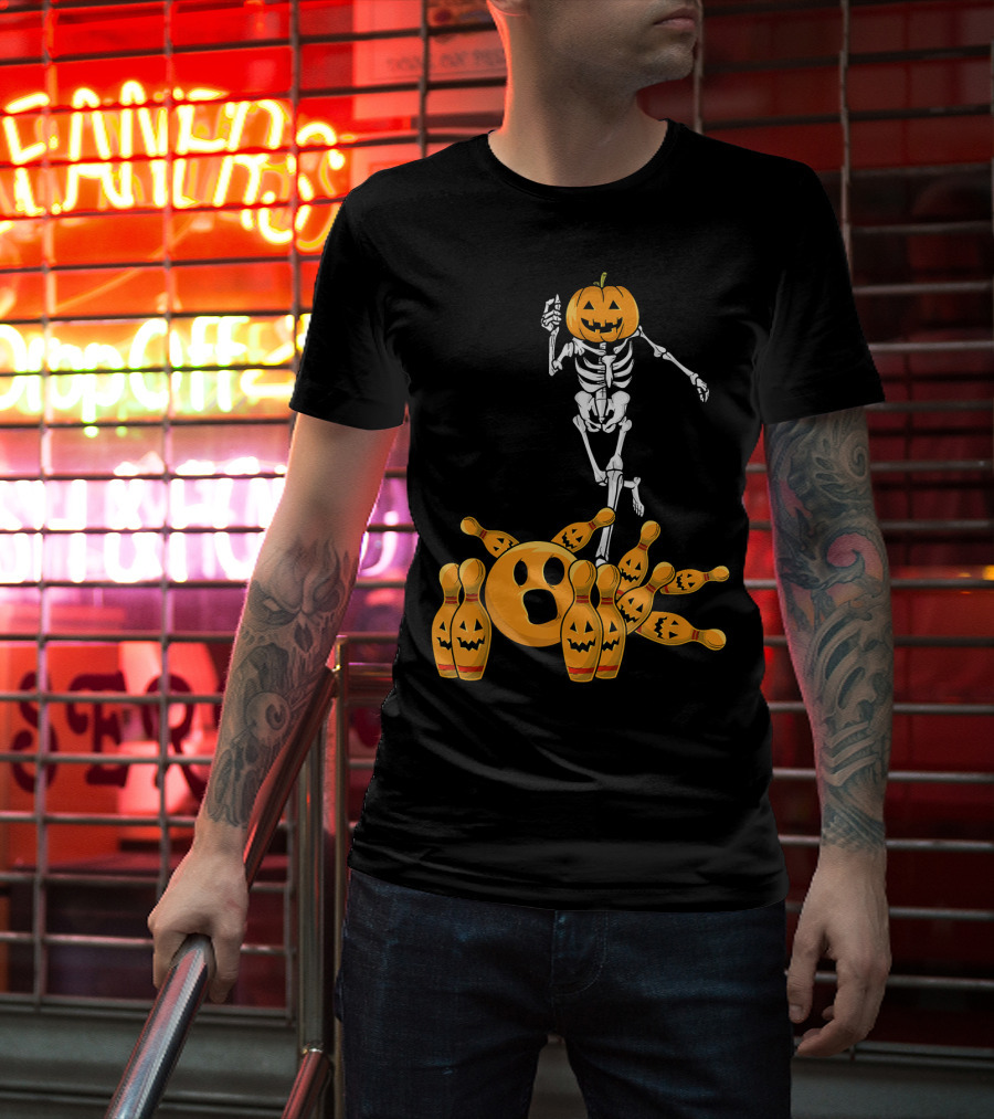 Bones Skeleton Pumpkin Head Halloween Bowling Pin Strike T-Shirt