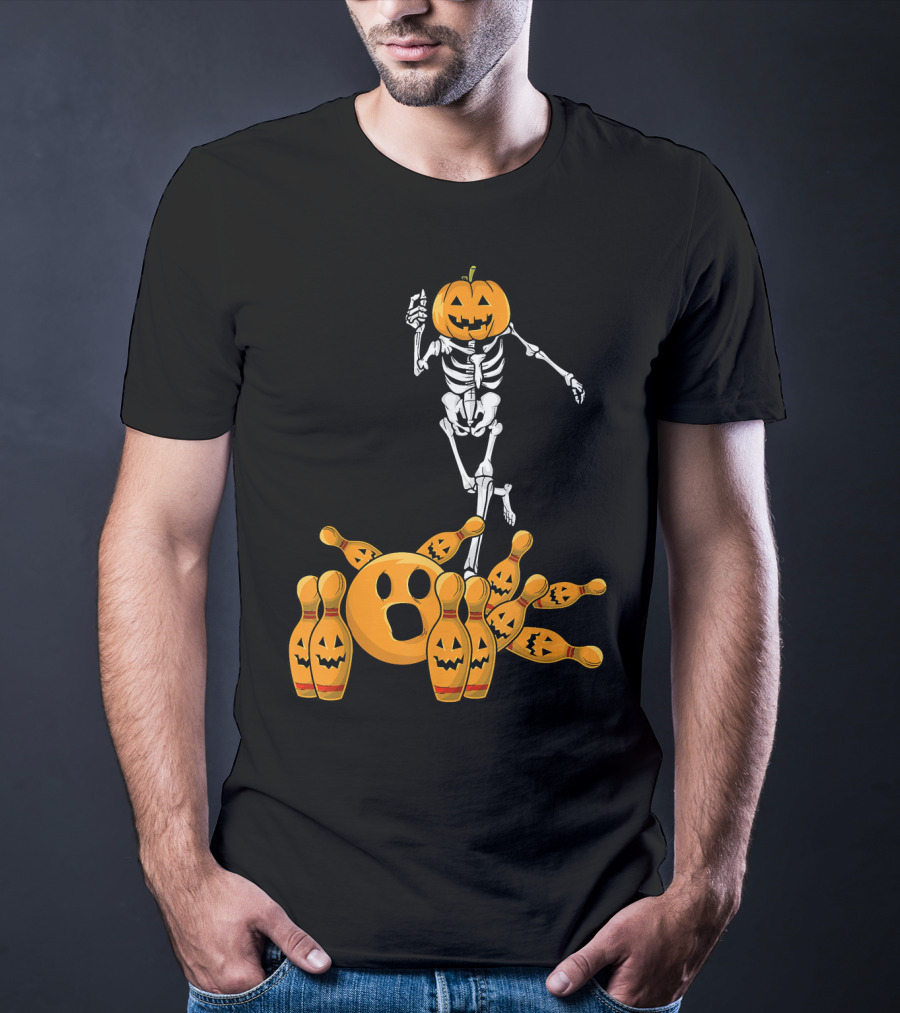 Bones Skeleton Pumpkin Head Halloween Bowling Pin Strike T-Shirt