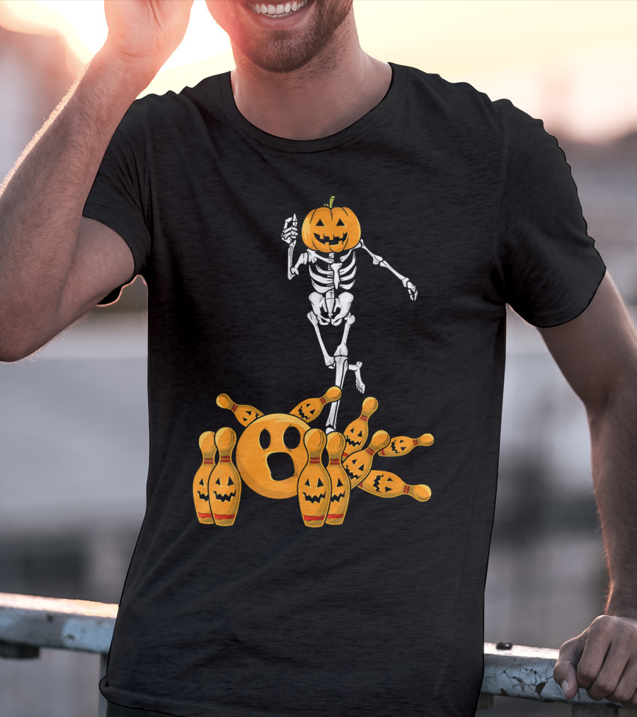 Bones Skeleton Pumpkin Head Halloween Bowling Pin Strike T-Shirt
