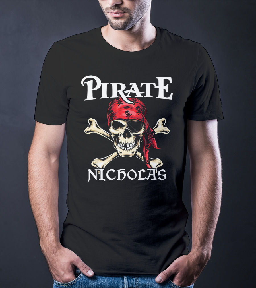 PIRATE NICHOLAS Skull And Crossbones Red Bandana T-Shirt