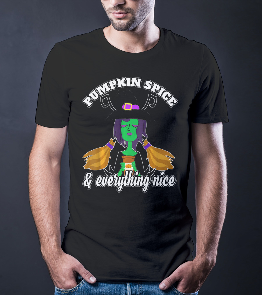 Pumpkin Spice And Everything Nice Witch Green Face Hat Brooms T-Shirt