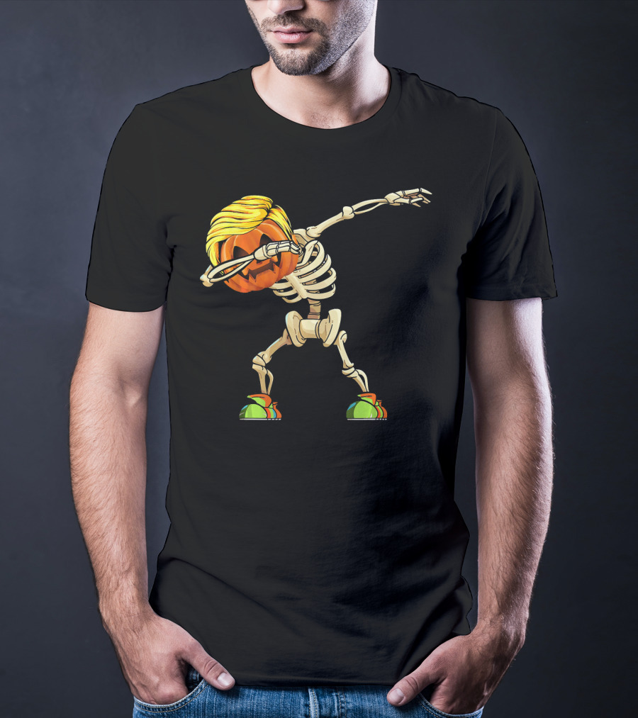 Funny Halloween Dabbing Skeleton Pumpkin With Golden Hair And Colorful Sneakers T-Shirt