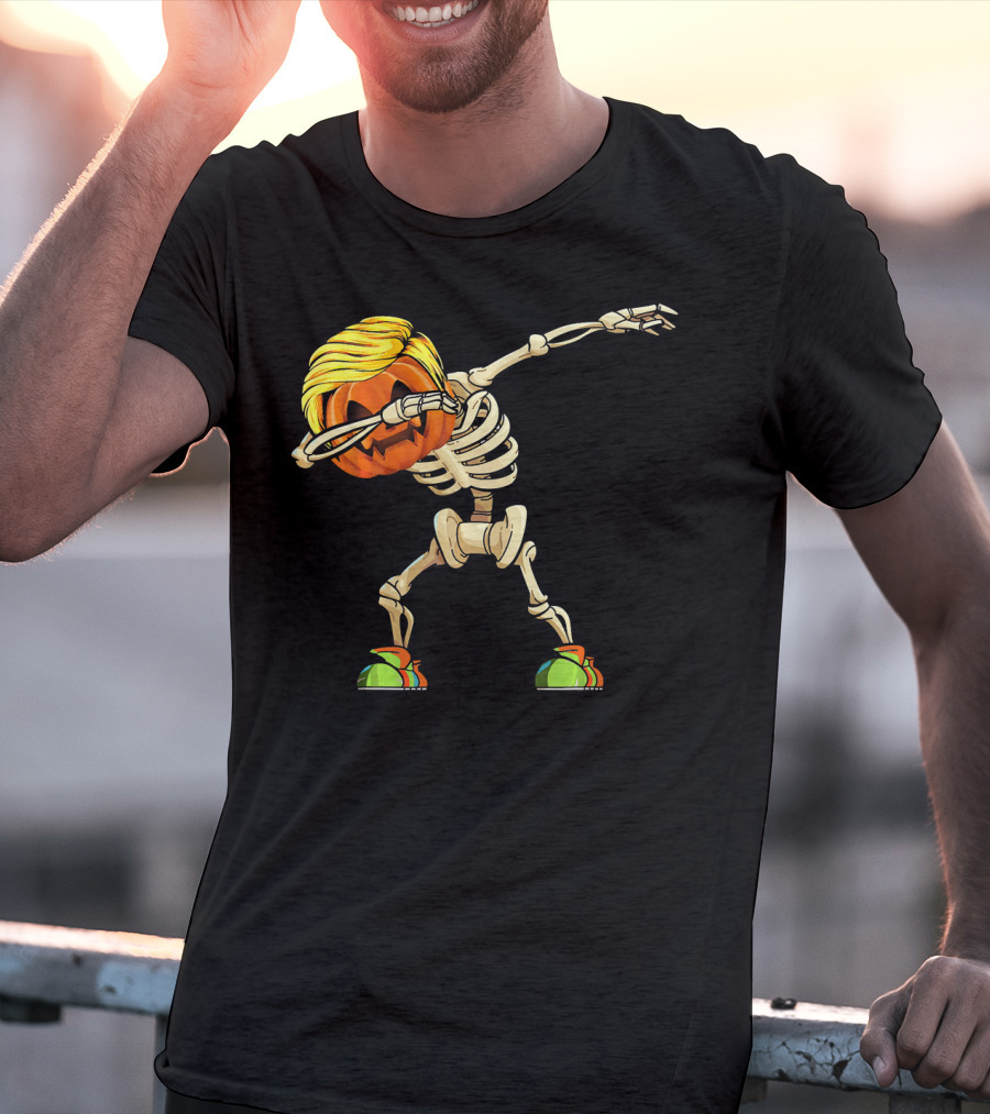 Funny Halloween Dabbing Skeleton Pumpkin With Golden Hair And Colorful Sneakers T-Shirt