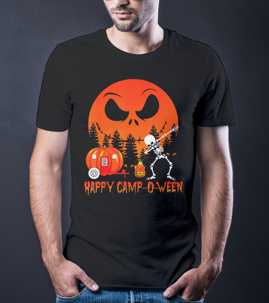 Happy Camp-O-Ween Skeleton Dab Pumpkin Camper Spooky Forest Scene T-Shirt