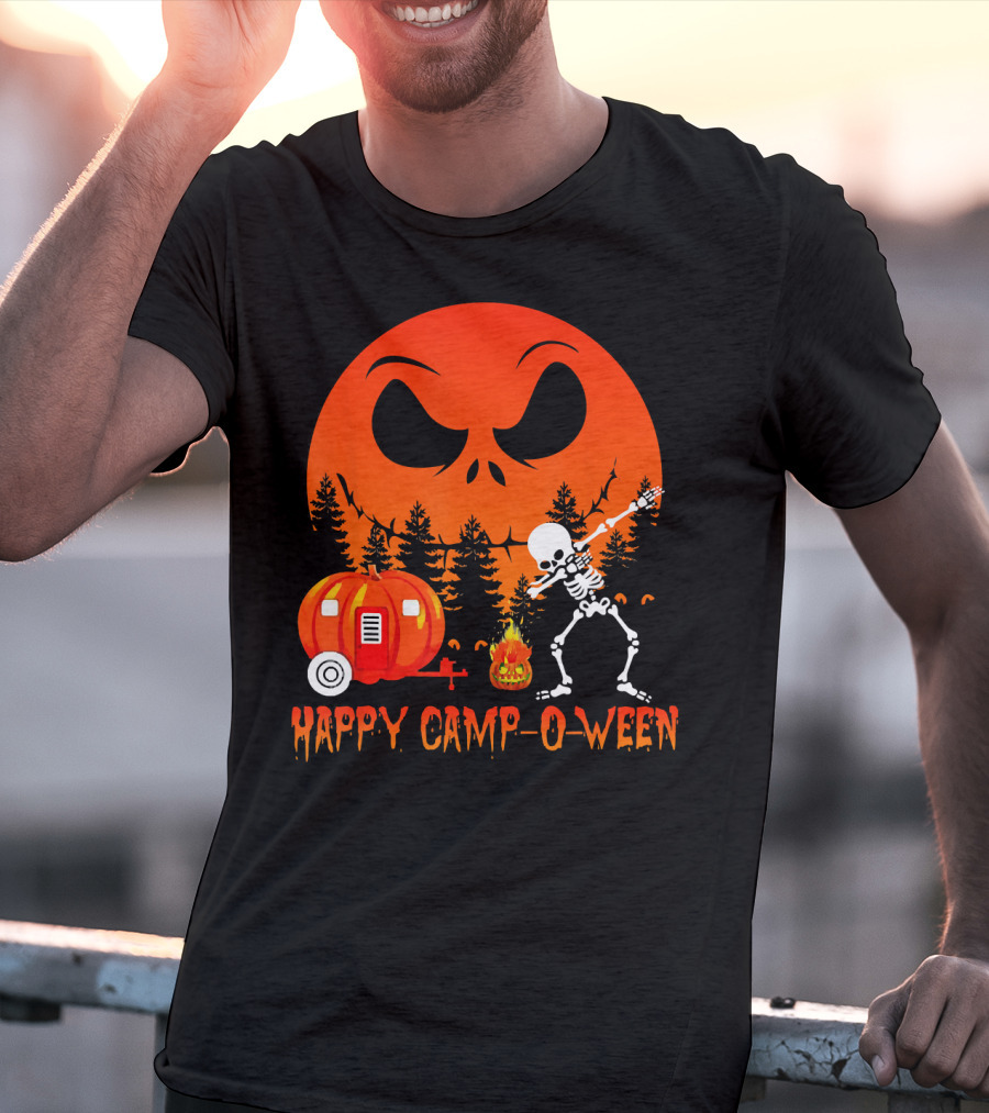 Happy Camp-O-Ween Skeleton Dab Pumpkin Camper Spooky Forest Scene T-Shirt