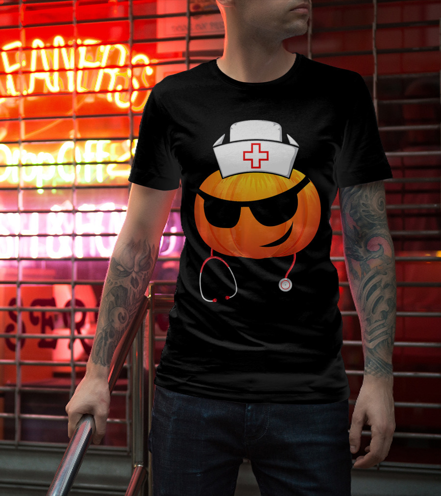 Smiling Pumpkin Nurse Emoji With Stethoscope Halloween T-Shirt
