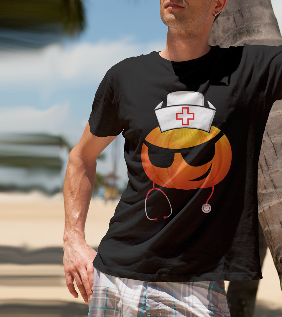 Smiling Pumpkin Nurse Emoji With Stethoscope Halloween T-Shirt