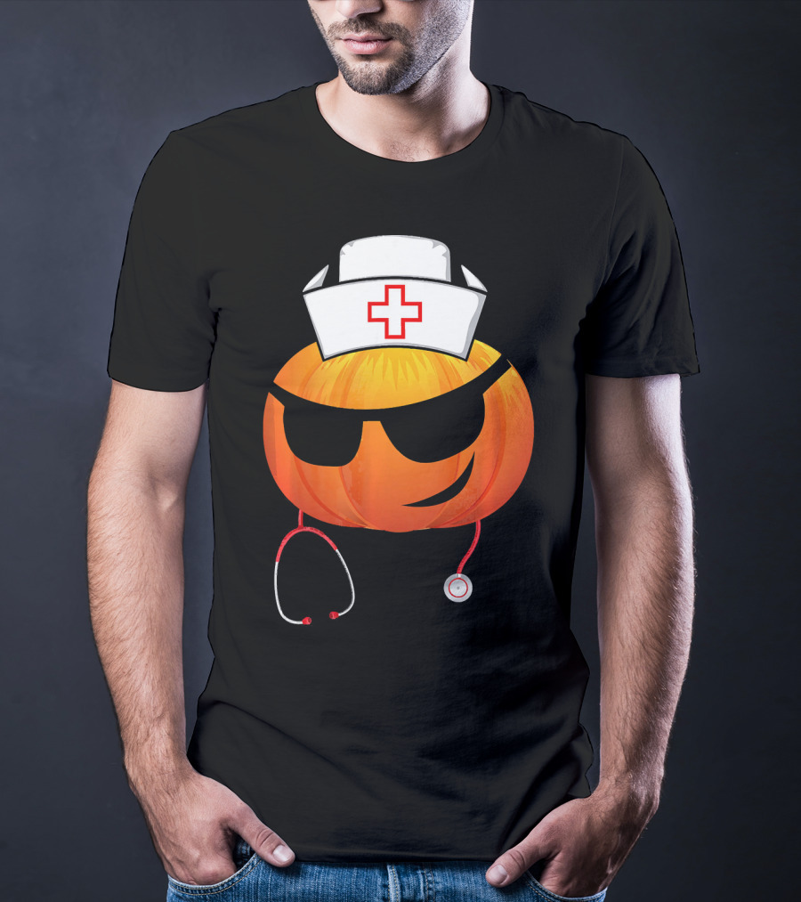 Smiling Pumpkin Nurse Emoji With Stethoscope Halloween T-Shirt