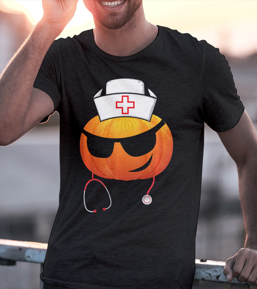 Smiling Pumpkin Nurse Emoji With Stethoscope Halloween T-Shirt