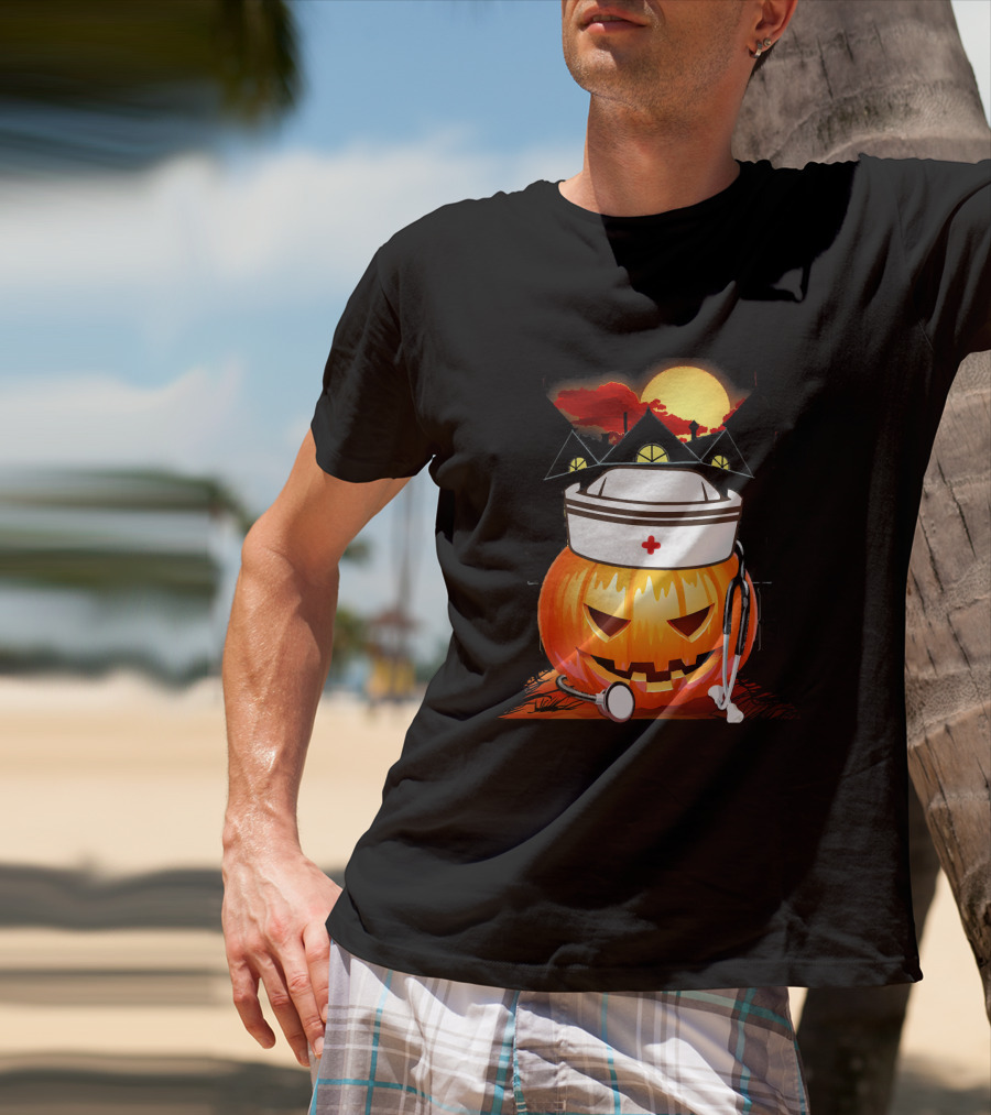 Nurse Pumpkin Halloween With Stethoscope And Haunted House T-Shirt