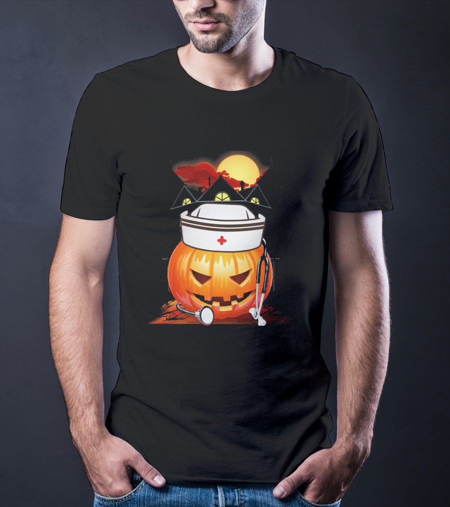 Nurse Pumpkin Halloween With Stethoscope And Haunted House T-Shirt