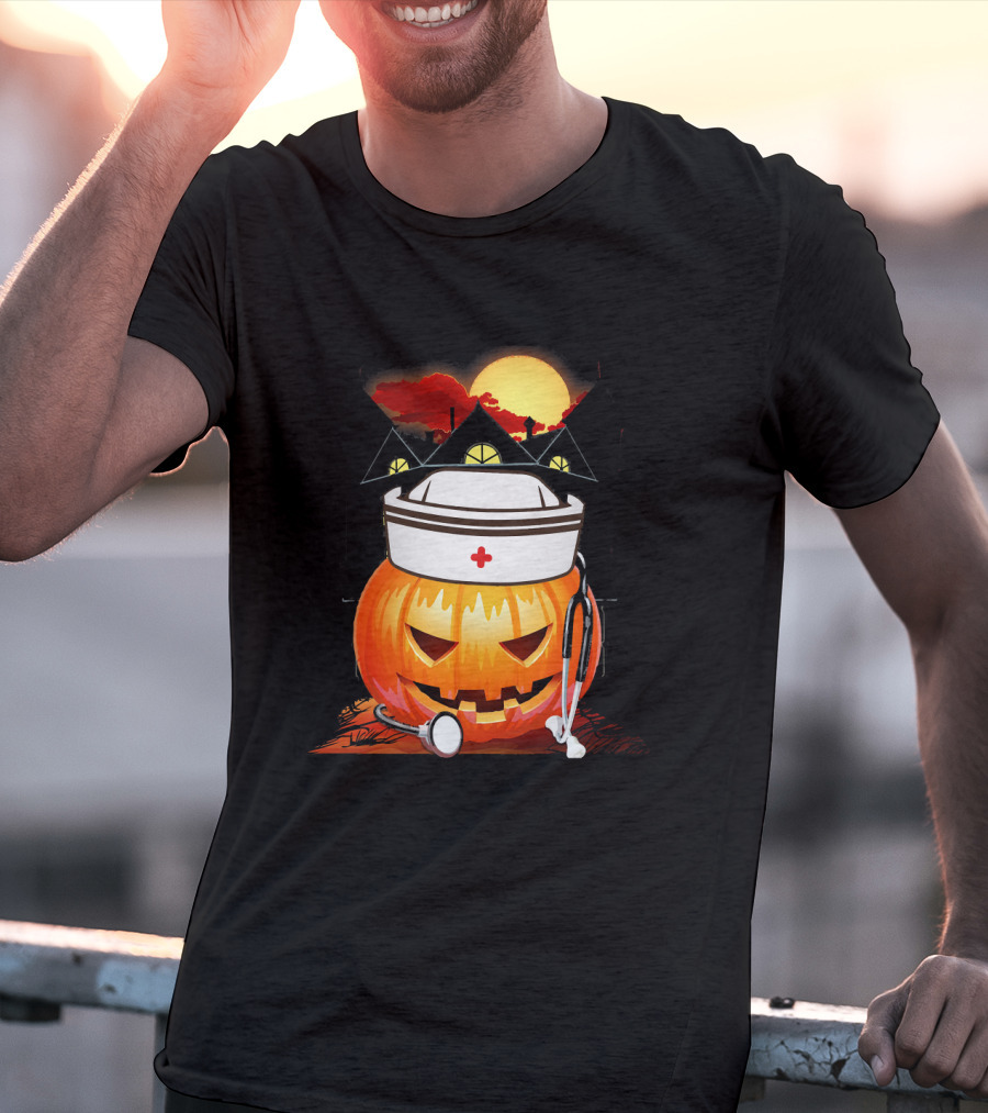 Nurse Pumpkin Halloween With Stethoscope And Haunted House T-Shirt