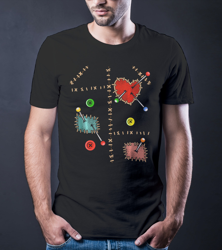 Voodoo Doll Halloween Costume With Heart And Button Patches T-Shirt