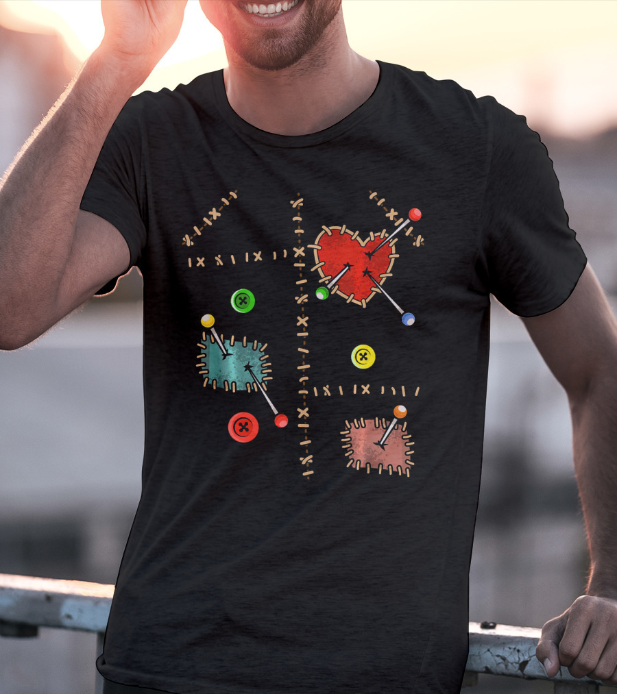 Voodoo Doll Halloween Costume With Heart And Button Patches T-Shirt