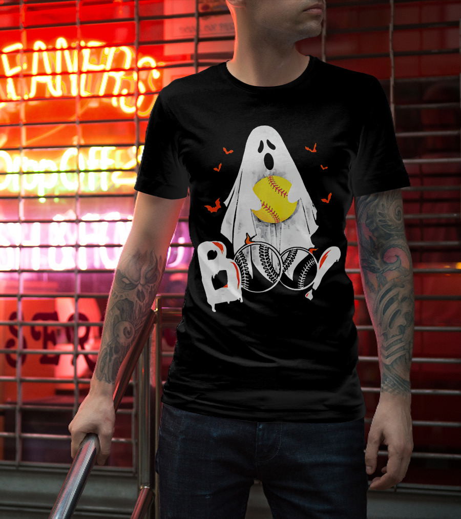 Ghostly Boo Softball With Yellow Softball And Bats T-Shirt