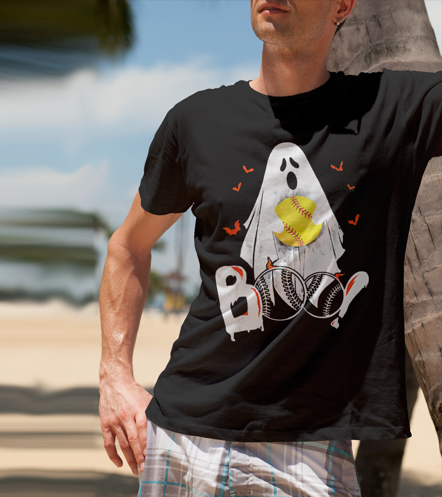Ghostly Boo Softball With Yellow Softball And Bats T-Shirt