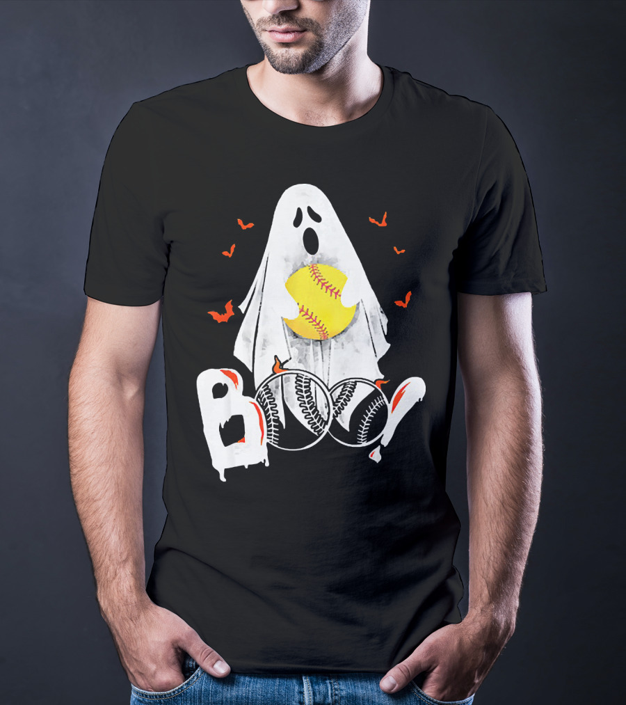 Ghostly Boo Softball With Yellow Softball And Bats T-Shirt
