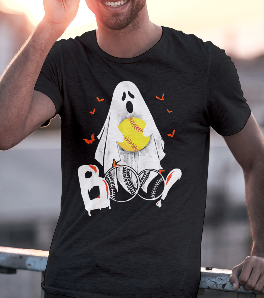 Ghostly Boo Softball With Yellow Softball And Bats T-Shirt