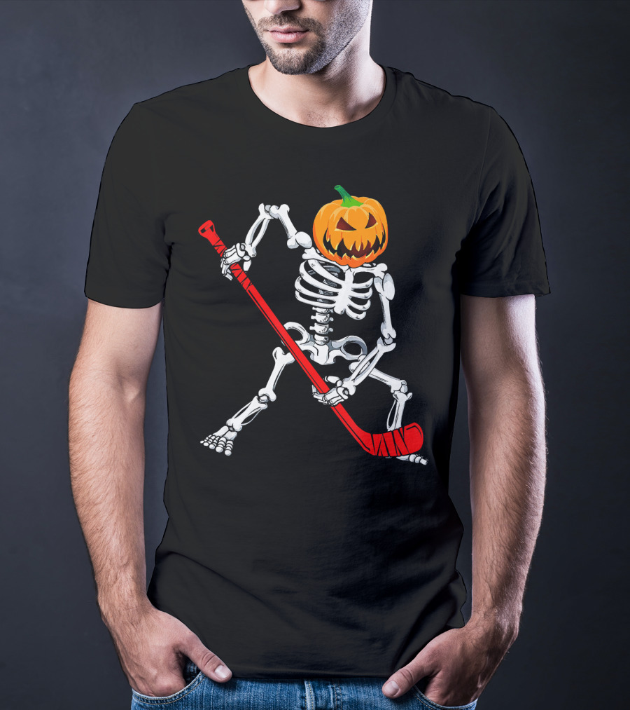 Halloween Skeleton With Pumpkin Head Playing Hockey T-Shirt