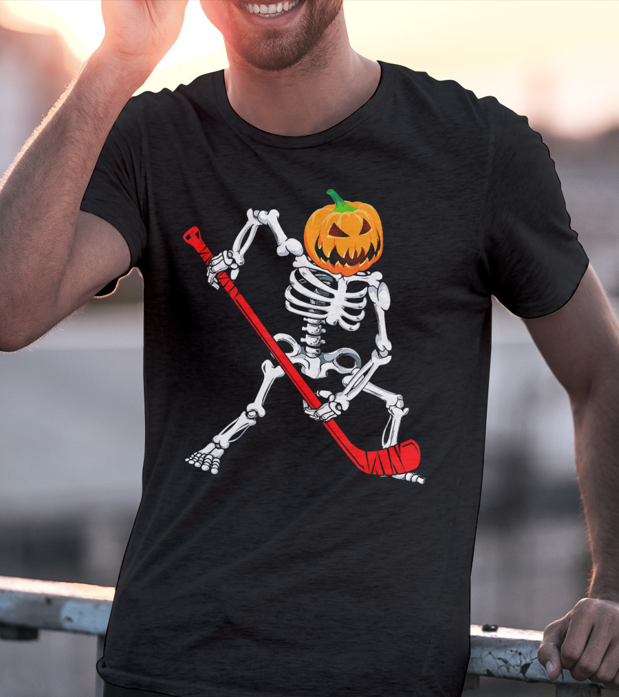 Halloween Skeleton With Pumpkin Head Playing Hockey T-Shirt