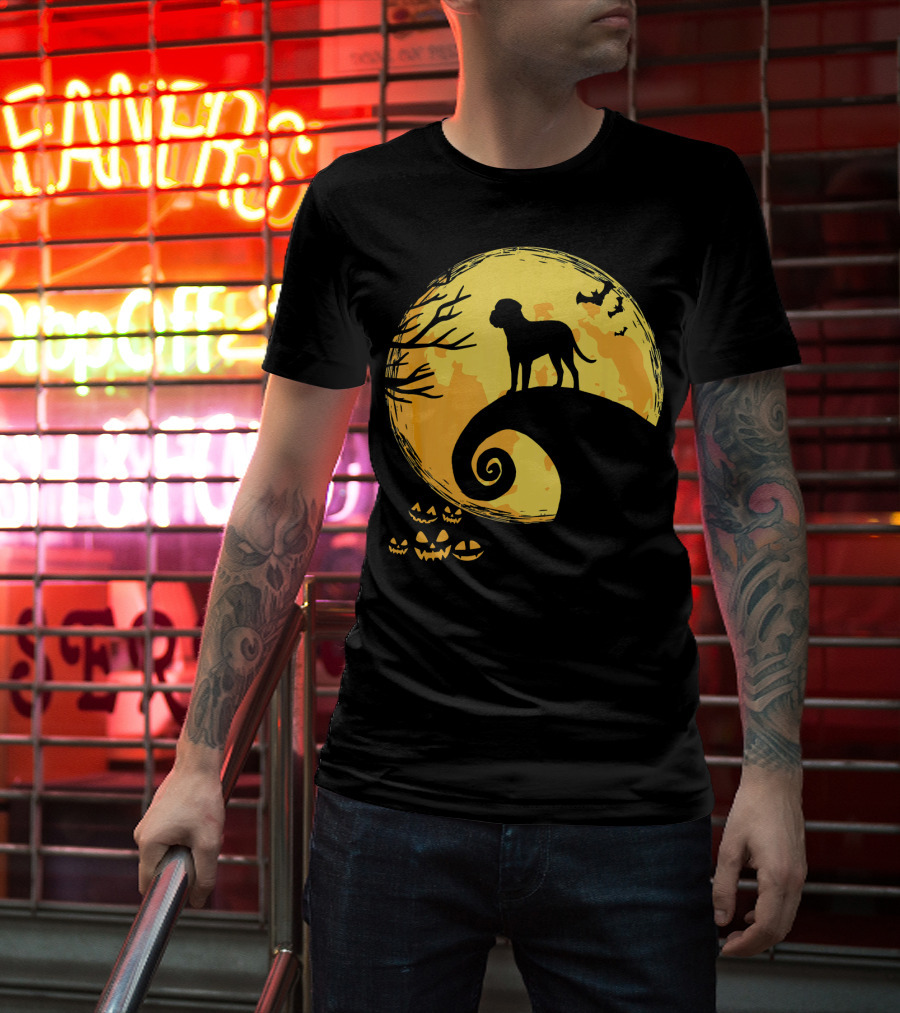 Bullmastiff Silhouette Moonlit Halloween Scene With Pumpkins And Bats T-Shirt