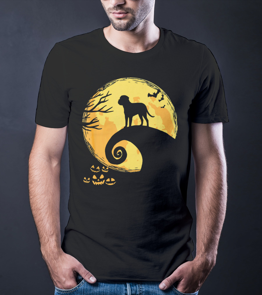 Bullmastiff Silhouette Moonlit Halloween Scene With Pumpkins And Bats T-Shirt