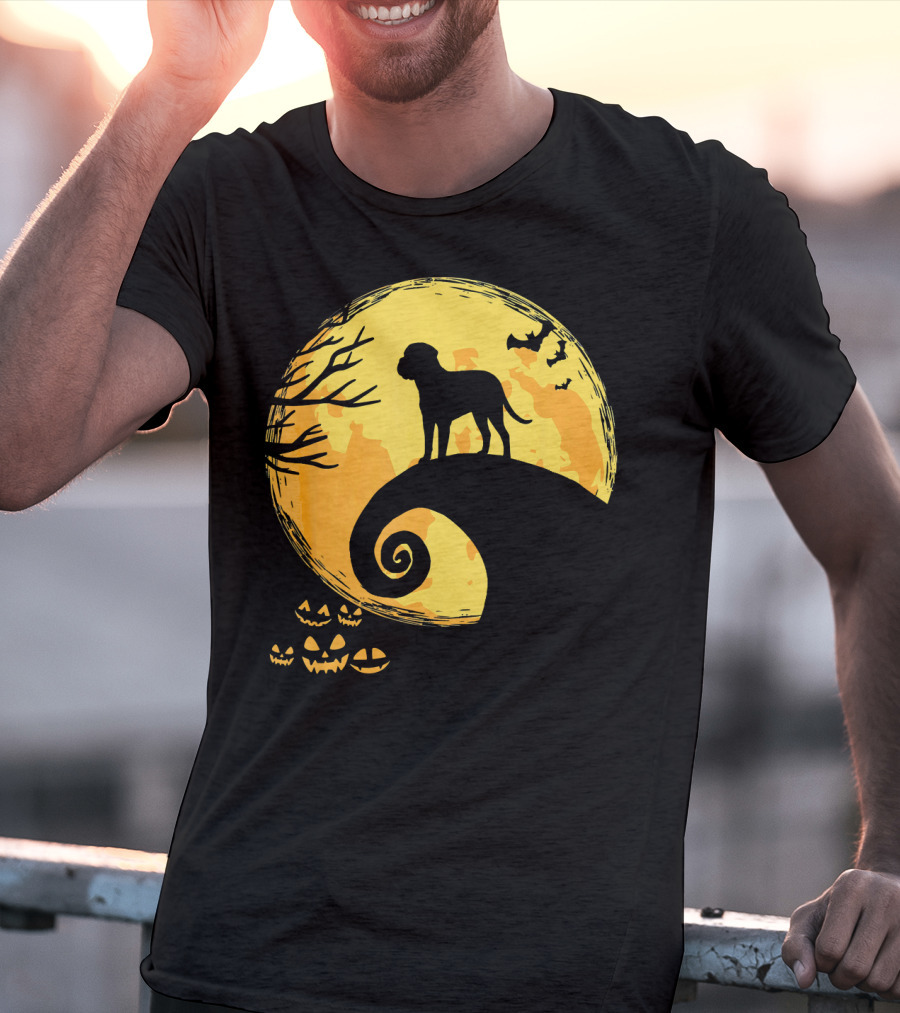 Bullmastiff Silhouette Moonlit Halloween Scene With Pumpkins And Bats T-Shirt