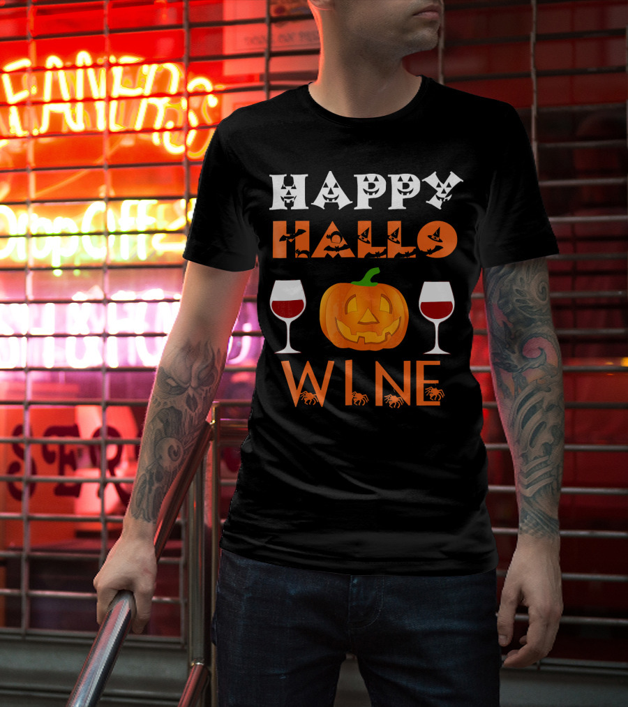 Happy Halloween Pumpkin Wine Glasses Spooky Bats And Spiders T-Shirt