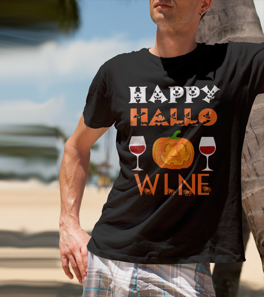 Happy Halloween Pumpkin Wine Glasses Spooky Bats And Spiders T-Shirt