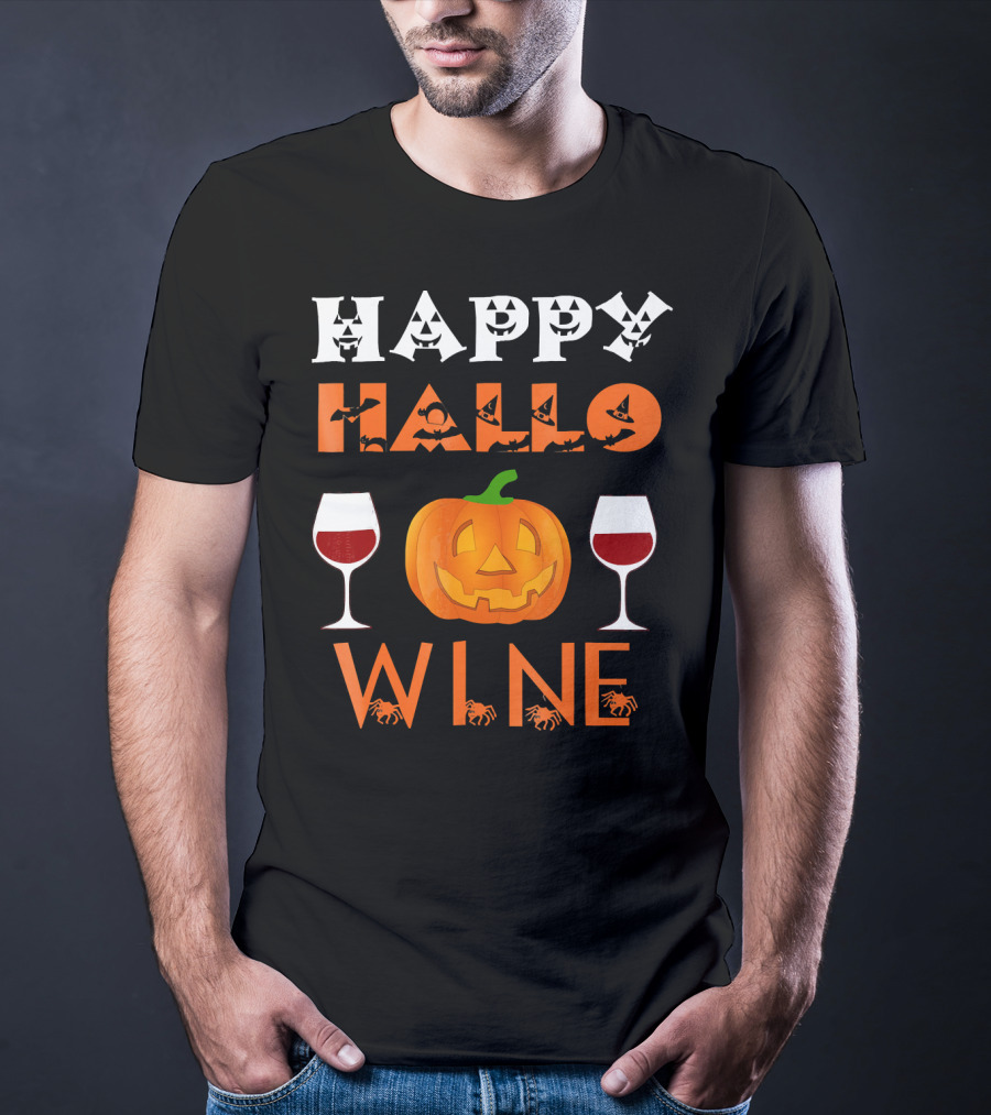 Happy Halloween Pumpkin Wine Glasses Spooky Bats And Spiders T-Shirt