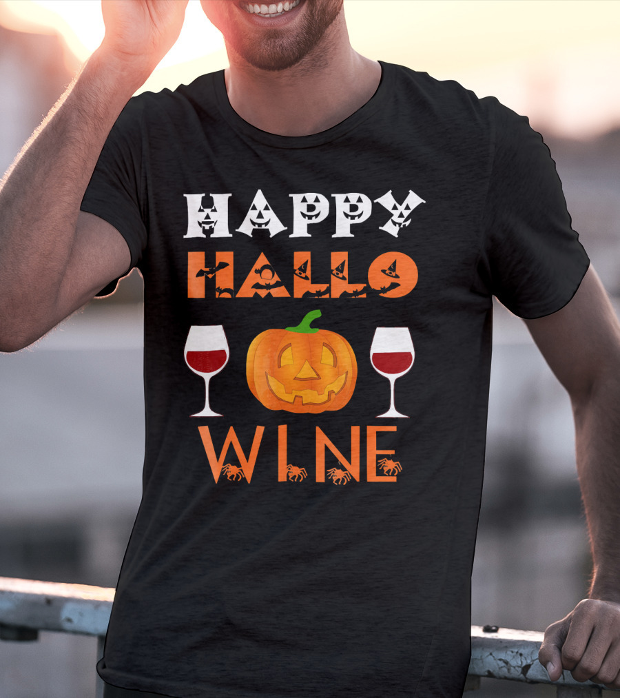 Happy Halloween Pumpkin Wine Glasses Spooky Bats And Spiders T-Shirt