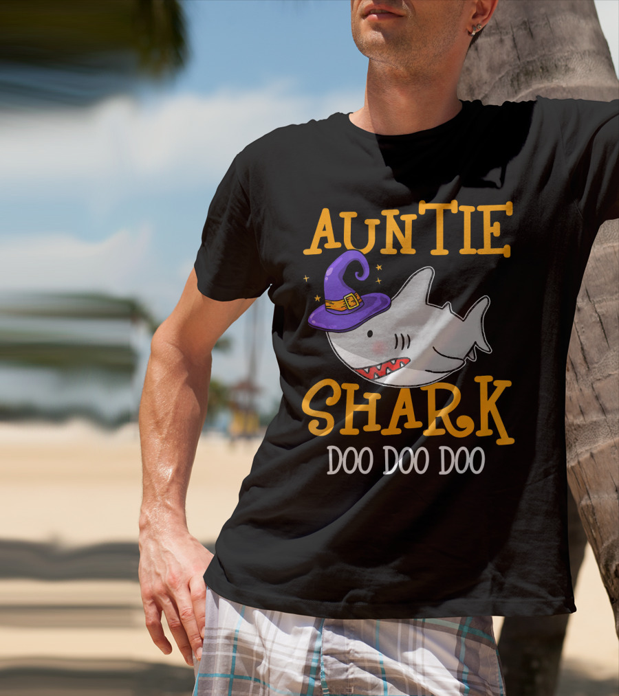 Auntie Shark Doo Doo Doo Funny Halloween With Witch Hat T-Shirt