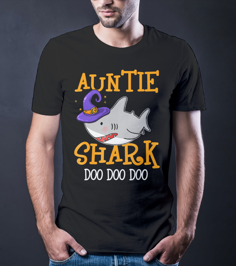 Auntie Shark Doo Doo Doo Funny Halloween With Witch Hat T-Shirt
