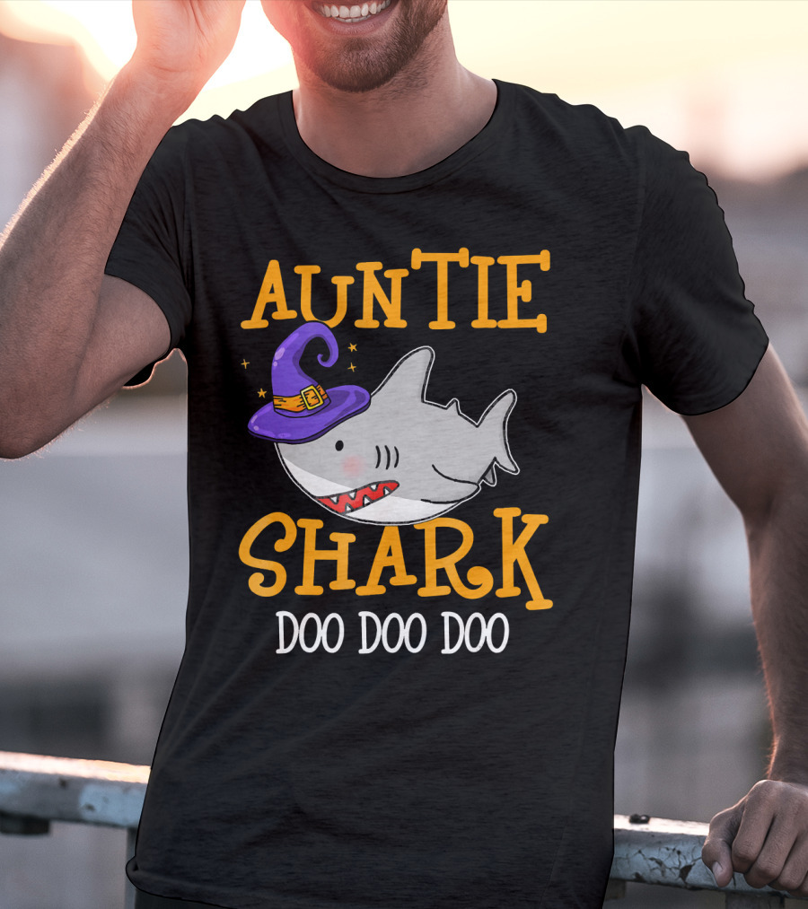 Auntie Shark Doo Doo Doo Funny Halloween With Witch Hat T-Shirt