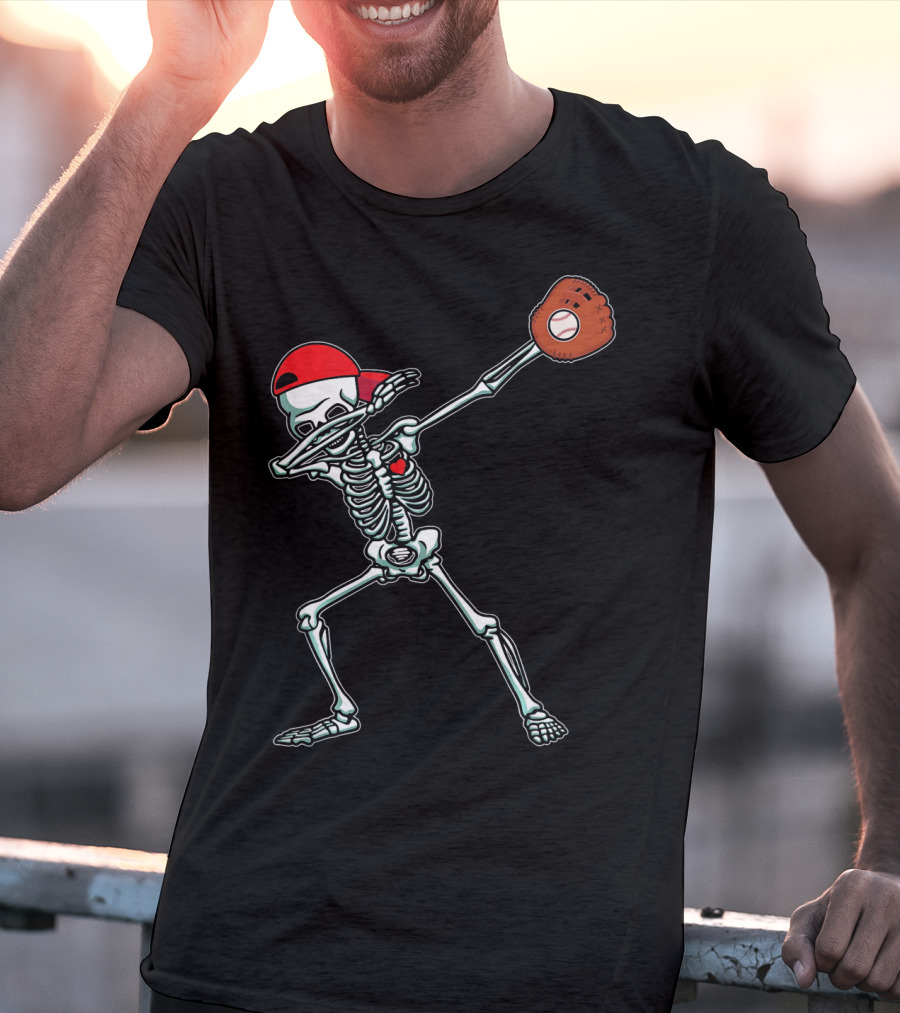 Dabbing Skeleton Baseball Dab Hi Red Cap Glove T-Shirt