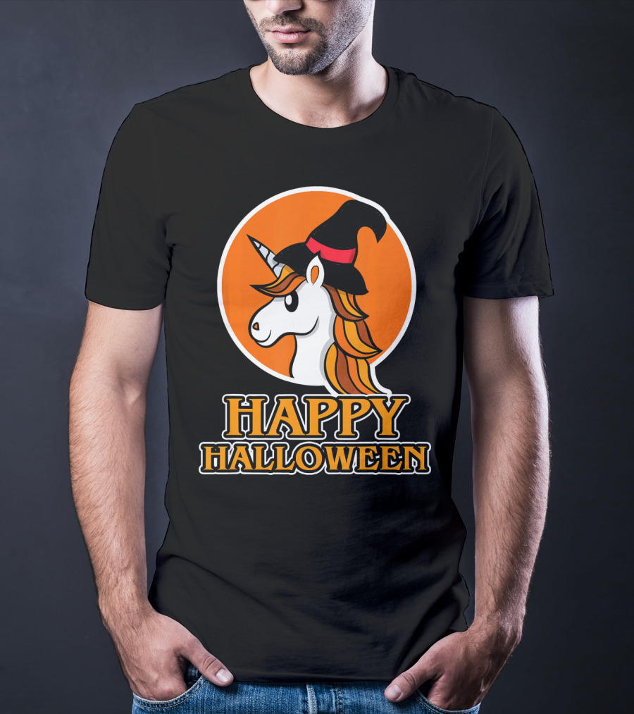 Happy Halloween Unicorn With Witch Hat T-Shirt