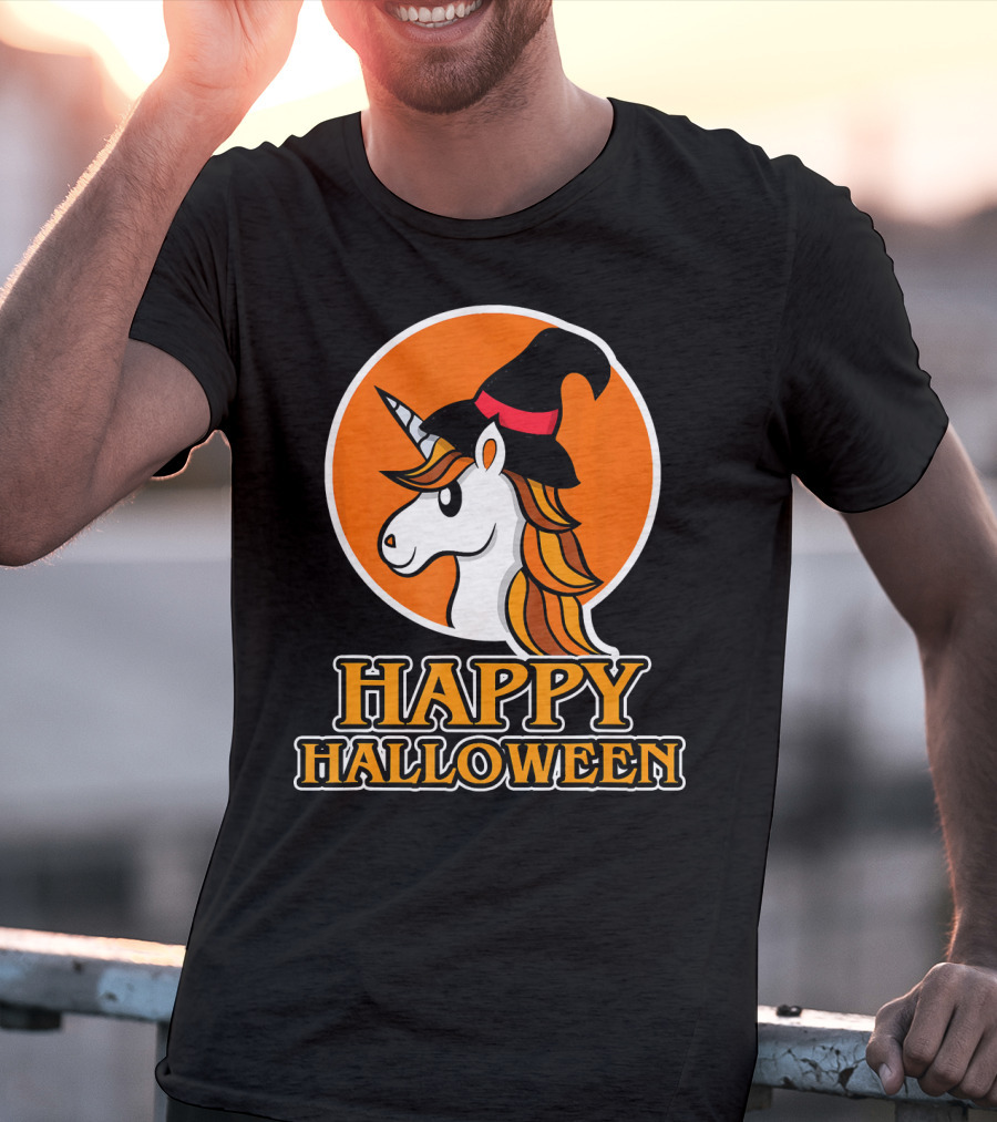 Happy Halloween Unicorn With Witch Hat T-Shirt