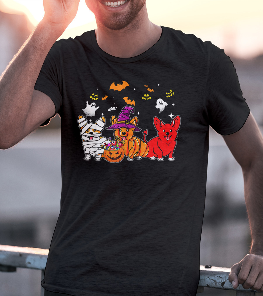 Corgi Dog Halloween Ghosts Pumpkins Mummy Witch T-Shirt