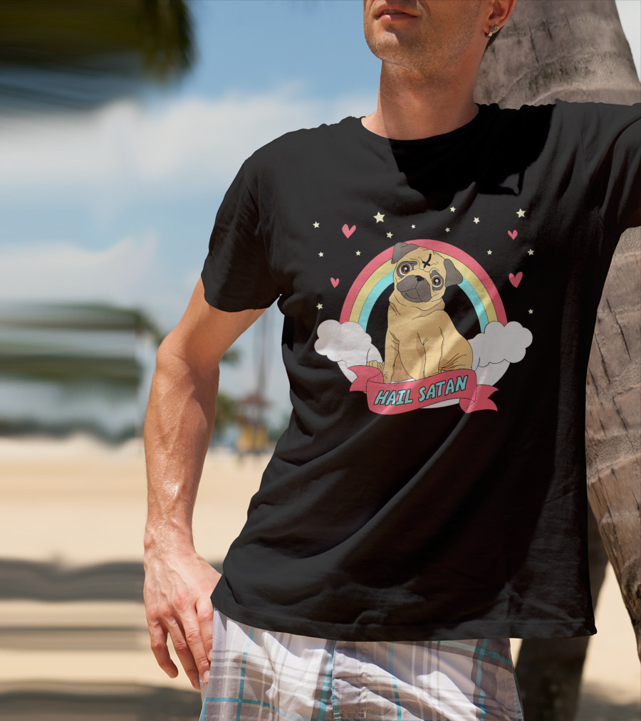 Hail Satan Pug Cute Halloween Rainbow Hearts Stars Clouds T-Shirt