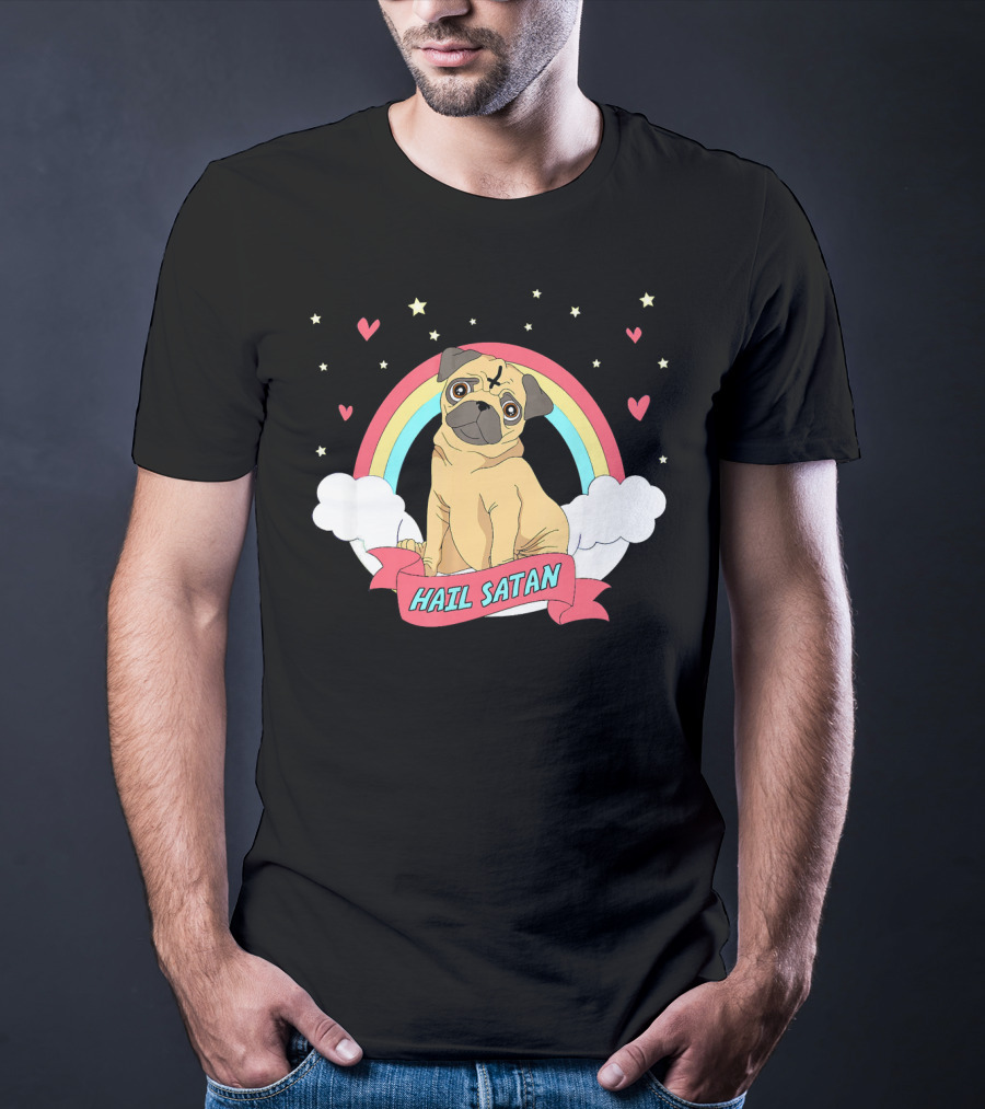 Hail Satan Pug Cute Halloween Rainbow Hearts Stars Clouds T-Shirt