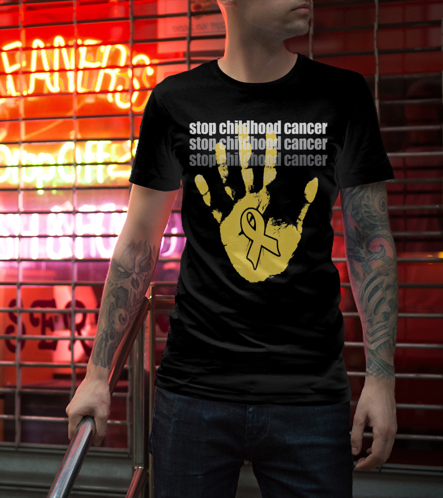 Stop Childhood Cancer Yellow Handprint Ribbon Awareness T-Shirt