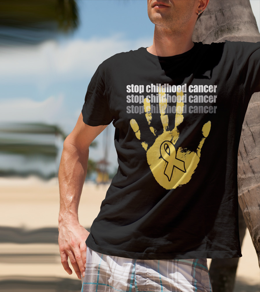 Stop Childhood Cancer Yellow Handprint Ribbon Awareness T-Shirt